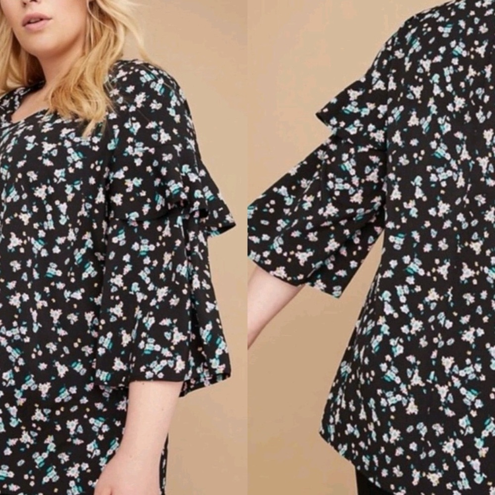 Lane Bryant Tiered Ruffle Sleeve Black Pink Green Floral Top Plus Sz 18/20 #181
